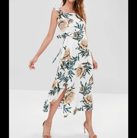 NWOT Anthropologie zhu Tropical Floral Orange Leaves Slit Flowy Dress S - Picture 1 of 16